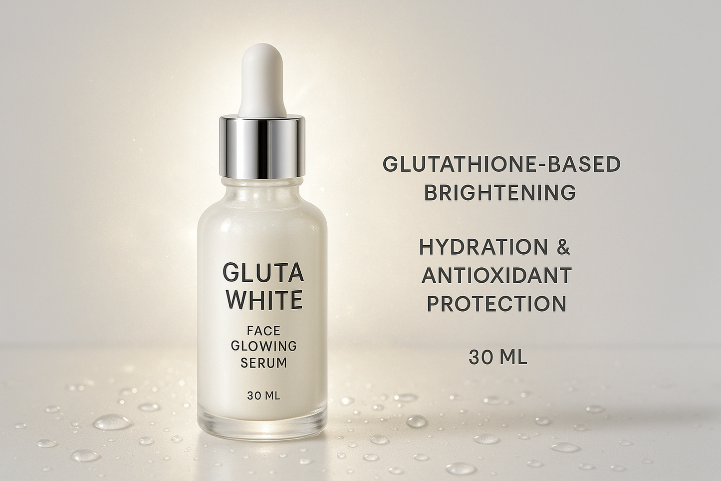 Please mugha aik image generate kar ka do jis ka title ya ha "Gluta White Face Glowing Serum | Glutathione-based Brightening | Hydration & Antioxidant Protection 30 Ml"