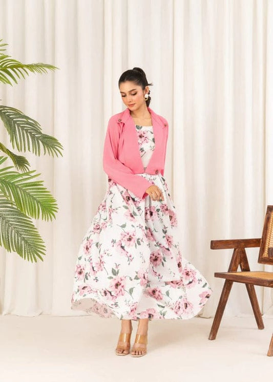2 Pcs Stylish Floral Print Maxi Dress with Pink Jacket | Women’s Western Wear Maxi Outfit