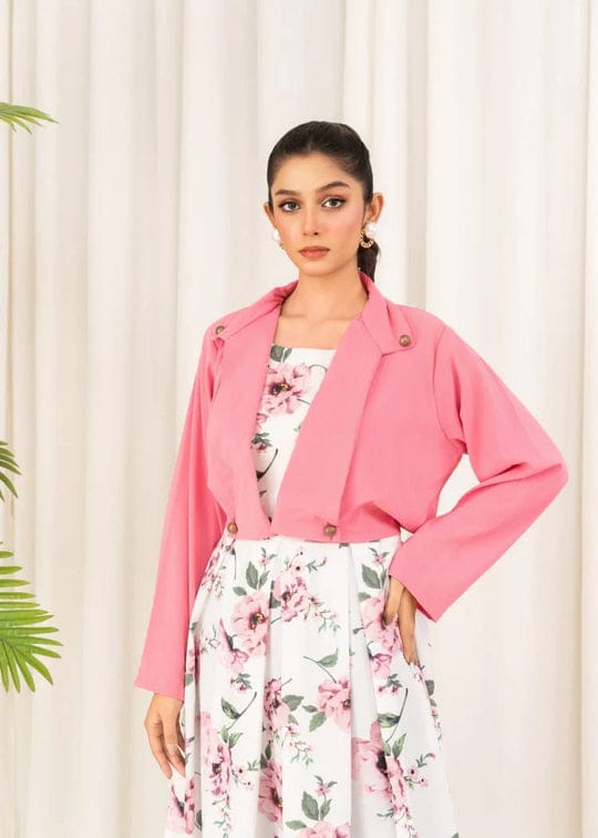 2 Pcs Stylish Floral Print Maxi Dress with Pink Jacket | Women’s Western Wear Maxi Outfit