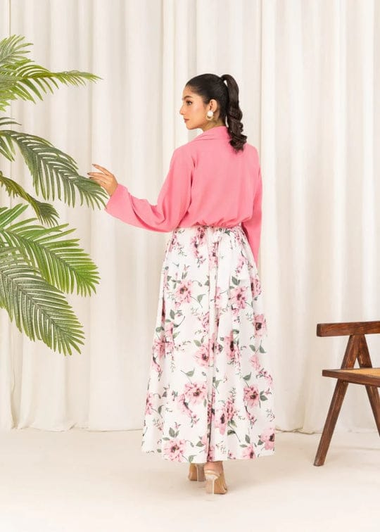 2 Pcs Stylish Floral Print Maxi Dress with Pink Jacket | Women’s Western Wear Maxi Outfit