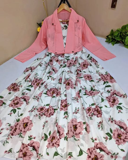 2 Pcs Stylish Floral Print Maxi Dress with Pink Jacket | Women’s Western Wear Maxi Outfit