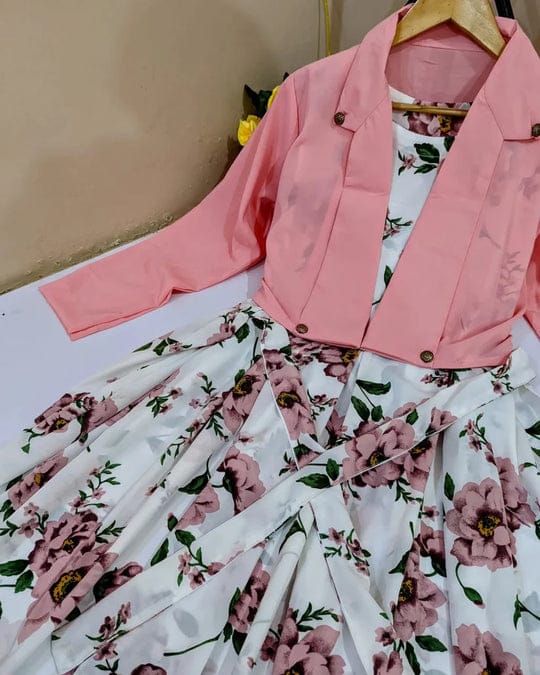 2 Pcs Stylish Floral Print Maxi Dress with Pink Jacket | Women’s Western Wear Maxi Outfit