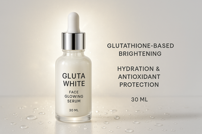 Please mugha aik image generate kar ka do jis ka title ya ha "Gluta White Face Glowing Serum | Glutathione-based Brightening | Hydration & Antioxidant Protection 30 Ml"
