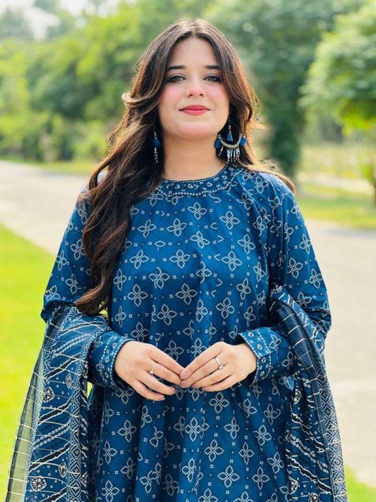 Uswa Zia 3-Piece Printed Swiss Lawn Suit – Blue | Stitched Standard Size Lawn Suit for Women – Elegant Summer Outfit