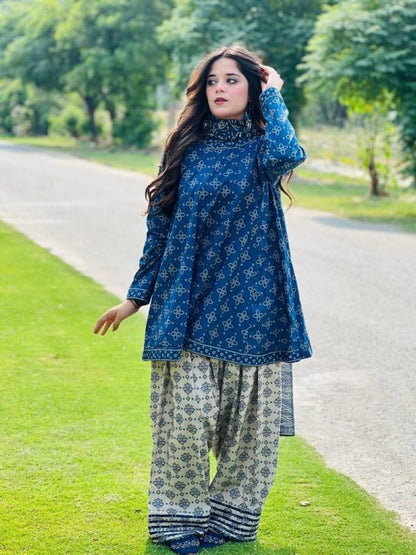 Uswa Zia 3-Piece Printed Swiss Lawn Suit – Blue | Stitched Standard Size Lawn Suit for Women – Elegant Summer Outfit