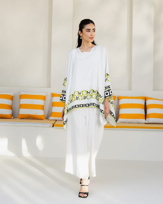 Women’s 3-Piece Swiss Lawn Printed Suit – White, Medium Size | Shirt, Trouser & Inner | Elegant Summer Outfit – 14 August Special Edition